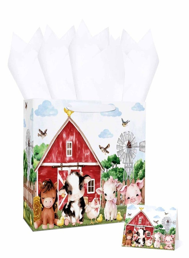 MUNILAIL 13 Inches Farm Animal Gift Bag with Tissue Paper Handle and Greeting Card Large Paper Gift Bag for Boys Girls Birthday Party Baby Shower Farm Animal Party Supplies - Image 1